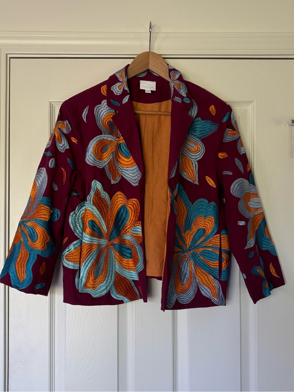 Anthropologie Maroon Floral Embroidered Blazer with Blue and Yellow Accents - Picture 4 of 7